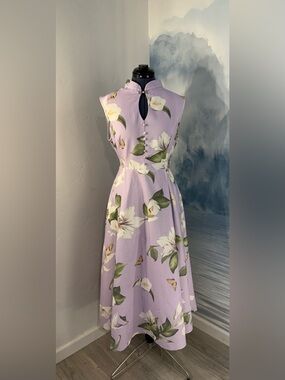 Sleeveless Lavender Floral Midi Dress with Mandarin Collar # 405